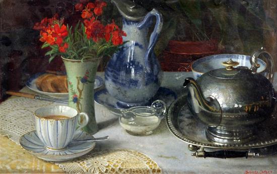 William Savage Cooper (fl.1880-1926) Tea table still life, 11.5 x 18.5in.